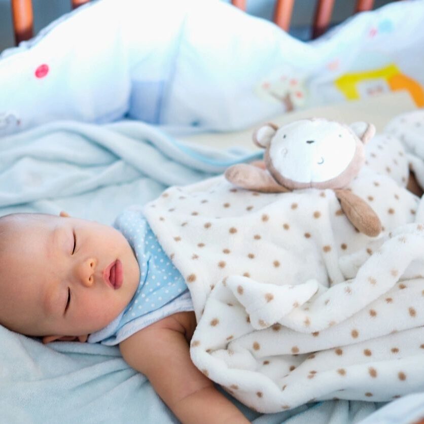 A baby sleeping in his crib with a toy.